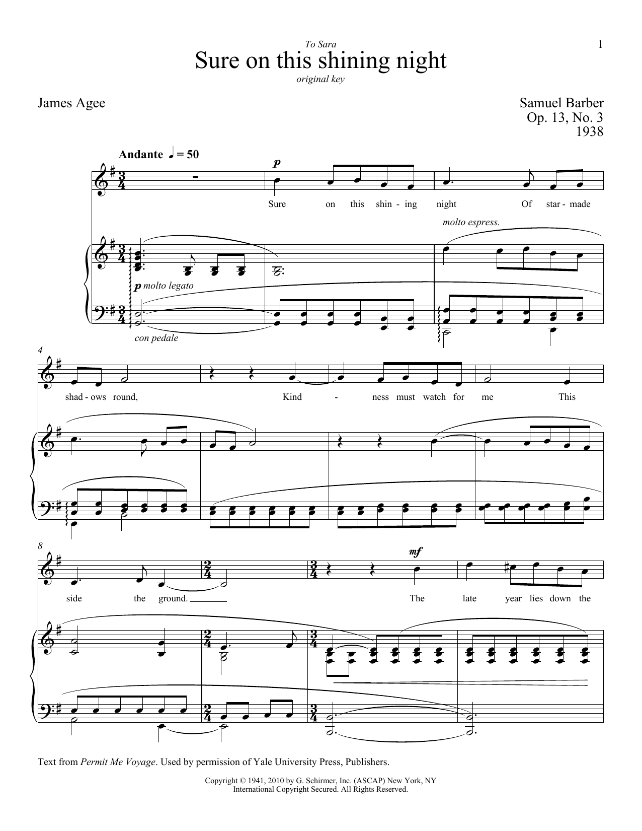 Samuel Barber Sure On This Shining Night sheet music notes and chords arranged for Piano & Vocal