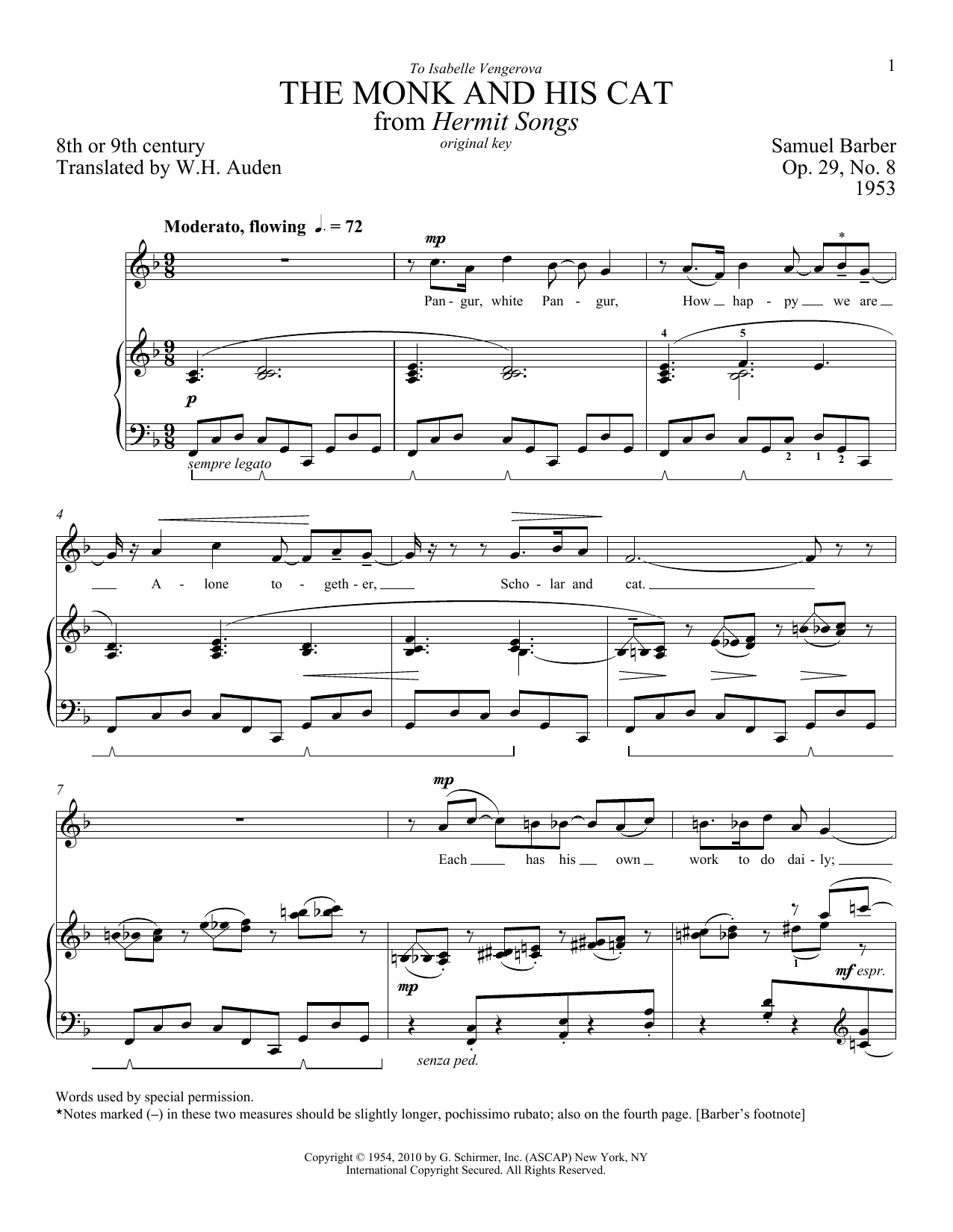 Samuel Barber The Monk And His Cat sheet music notes and chords arranged for Piano & Vocal