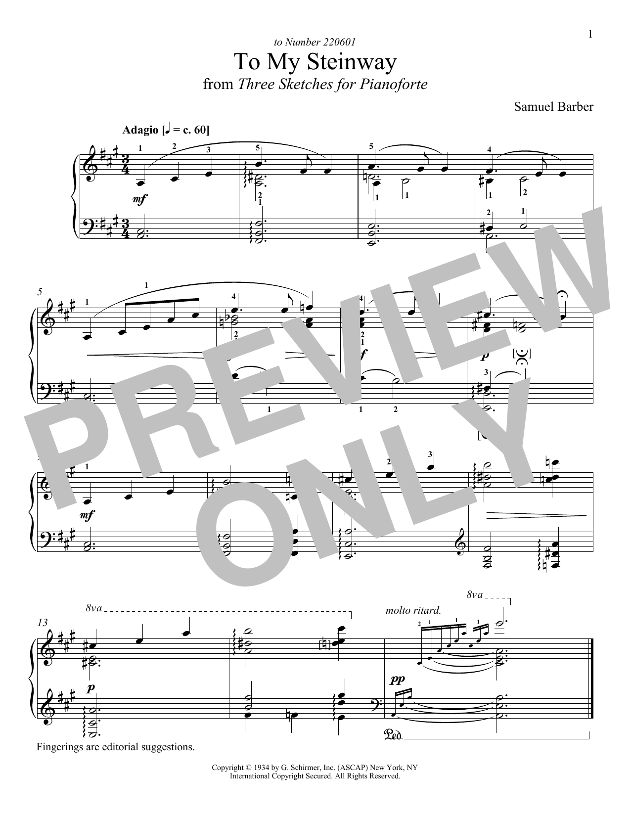 Samuel Barber To My Steinway sheet music notes and chords arranged for Piano Solo