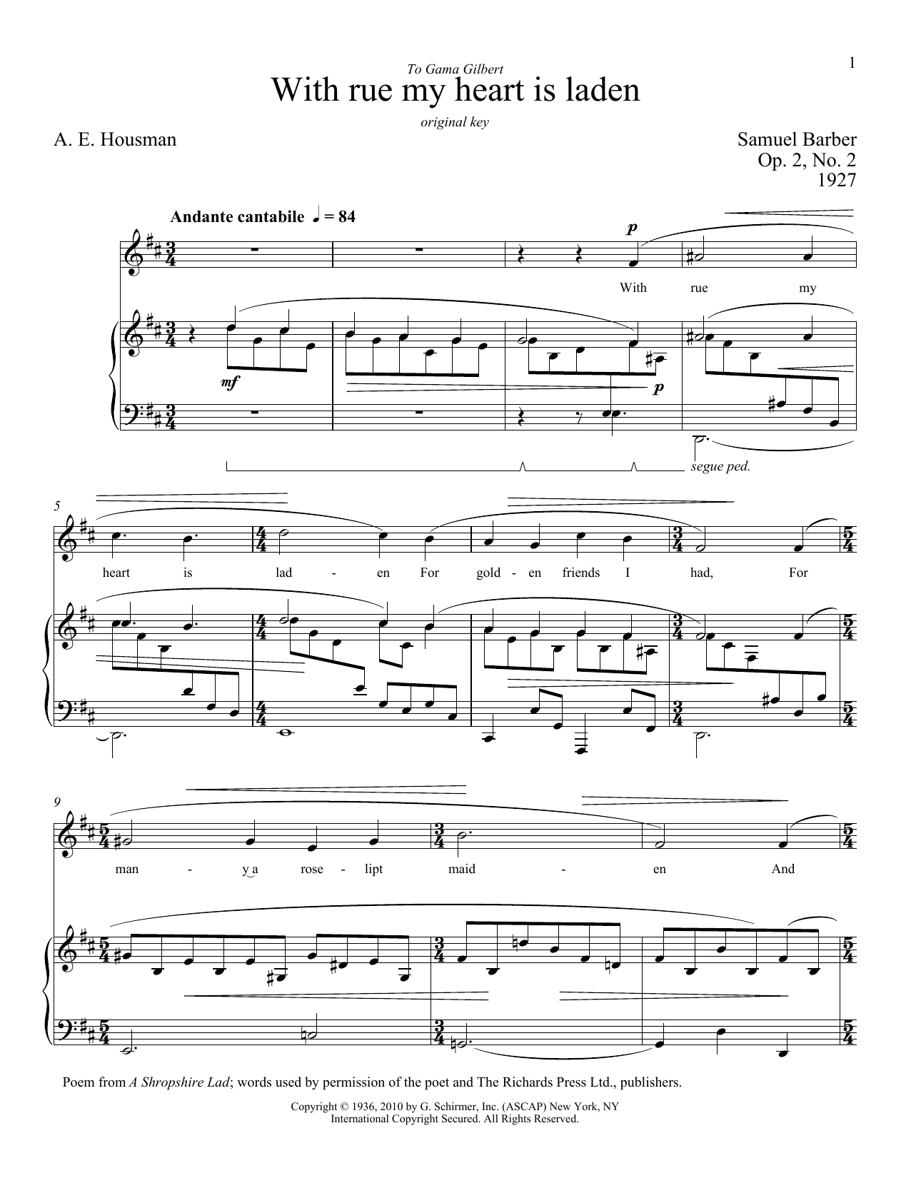 Samuel Barber With Rue My Heart Is Laden sheet music notes and chords arranged for Piano & Vocal