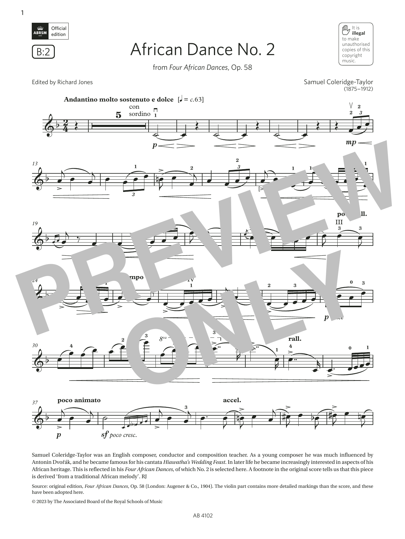 Samuel Coleridge-Taylor African Dance No. 2 (Grade 8, B2, from the ABRSM Violin Syllabus from 2024) sheet music notes and chords arranged for Violin Solo
