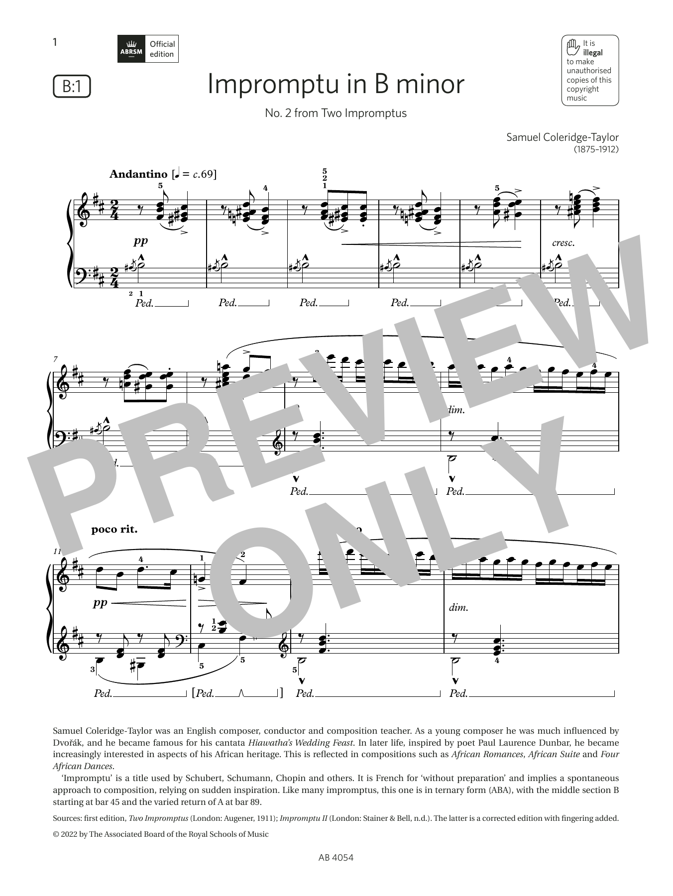 Samuel Coleridge-Taylor Impromptu in B minor (Grade 8, list B1, from the ABRSM Piano Syllabus 2023 & 2024) sheet music notes and chords arranged for Piano Solo