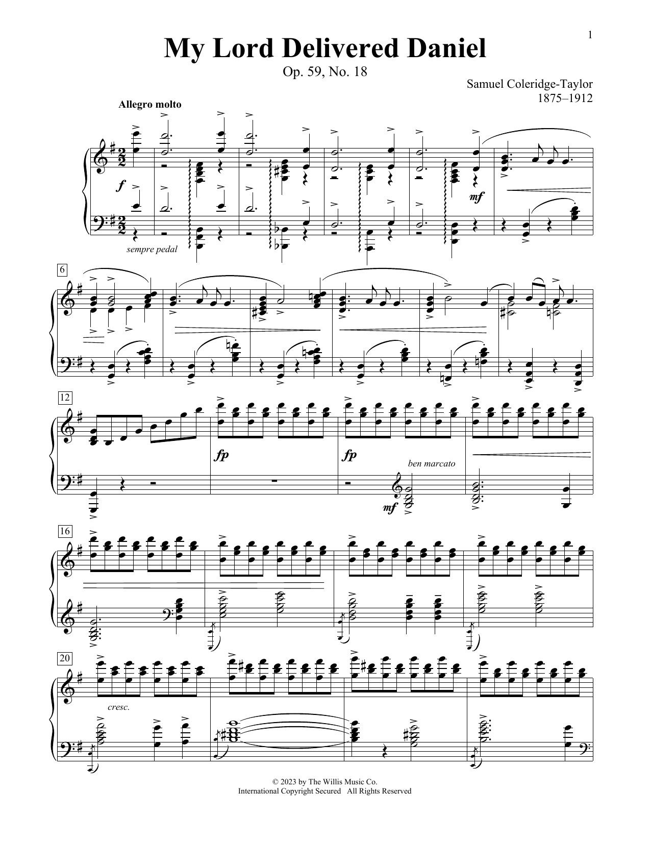 Samuel Coleridge-Taylor My Lord Delivered Daniel, Op. 59, No. 18 sheet music notes and chords arranged for Educational Piano