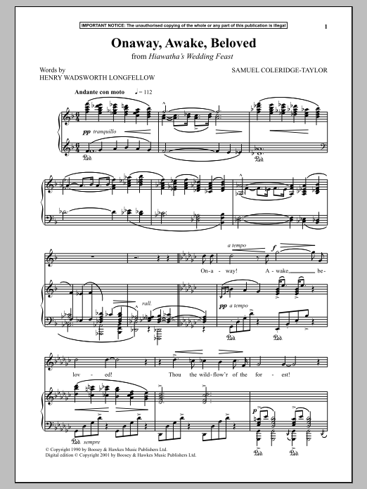 Samuel Coleridge-Taylor Onaway, Awake, Beloved (from Hiawatha's Wedding Feast) sheet music notes and chords arranged for Piano & Vocal