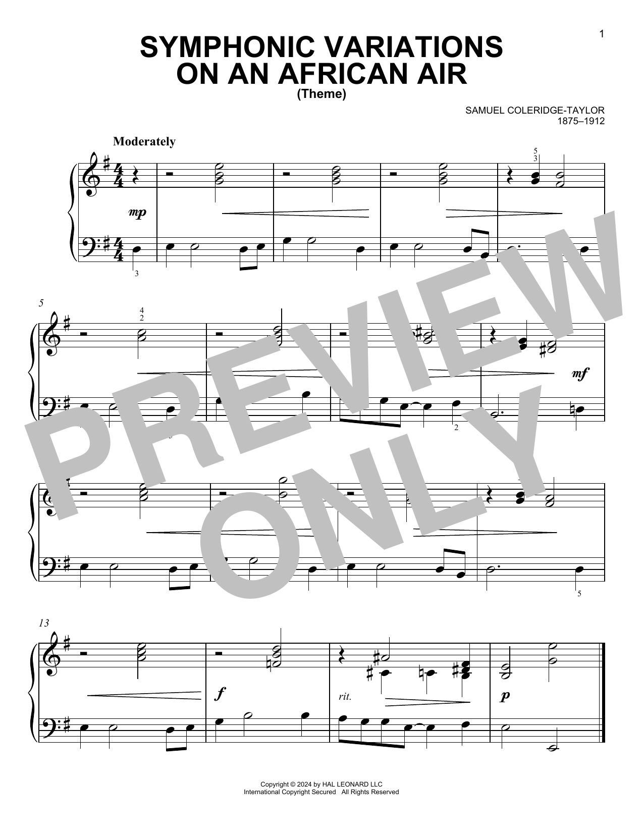 Samuel Coleridge-Taylor Symphonic Variations On An African Air sheet music notes and chords arranged for Easy Piano