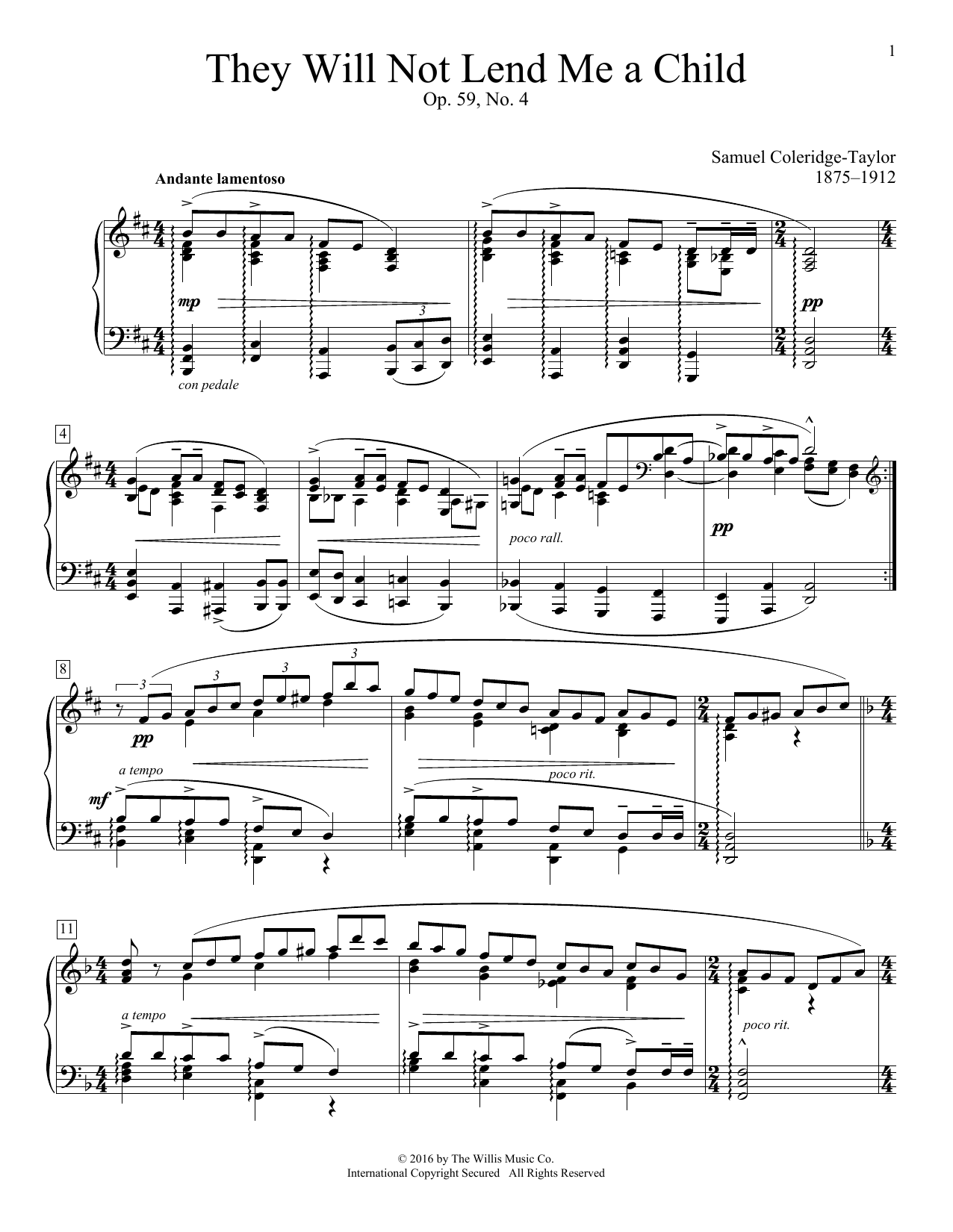 Samuel Coleridge-Taylor They Will Not Lend Me A Child, Op. 59, No. 4 sheet music notes and chords arranged for Educational Piano