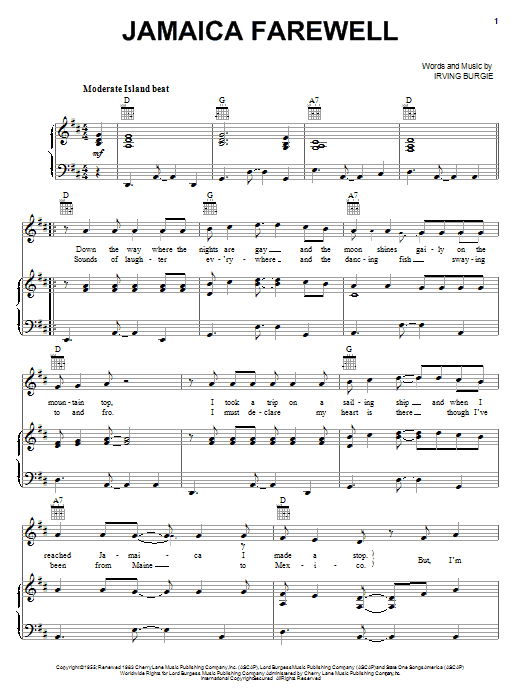 Samuel E. Wright Jamaica Farewell sheet music notes and chords arranged for Piano, Vocal & Guitar Chords (Right-Hand Melody)