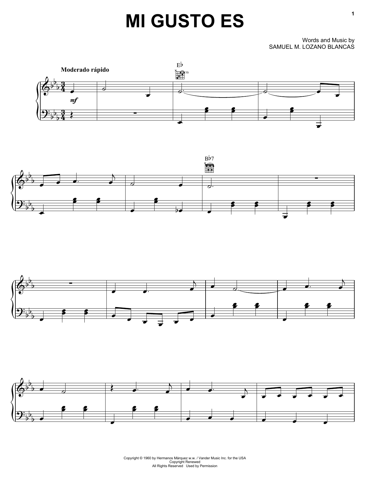 Samuel M. Lozano Blancas Mi Gusto Es sheet music notes and chords arranged for Piano, Vocal & Guitar Chords (Right-Hand Melody)