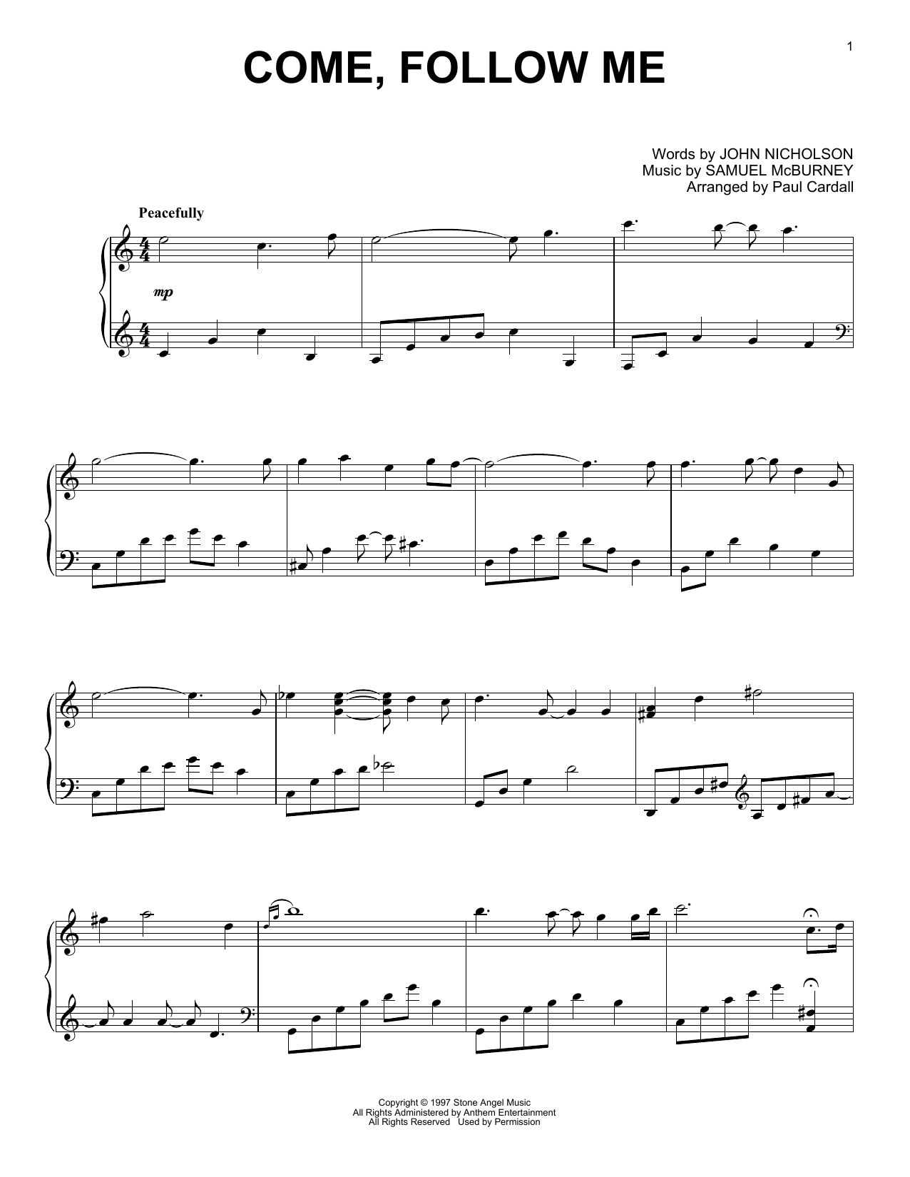 Samuel McBurney Come, Follow Me (arr. Paul Cardall) sheet music notes and chords arranged for Piano Solo