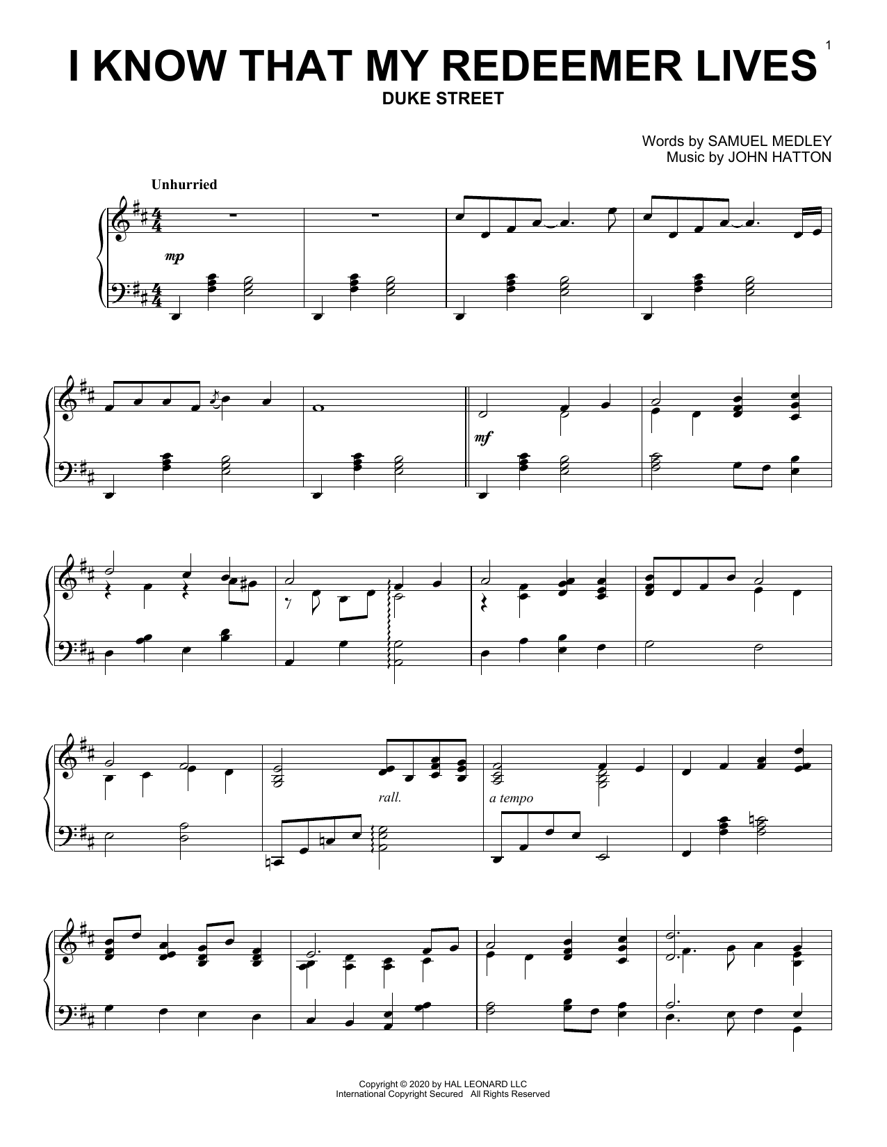 Samuel Medley and John Hatton I Know That My Redeemer Lives sheet music notes and chords arranged for Piano Solo