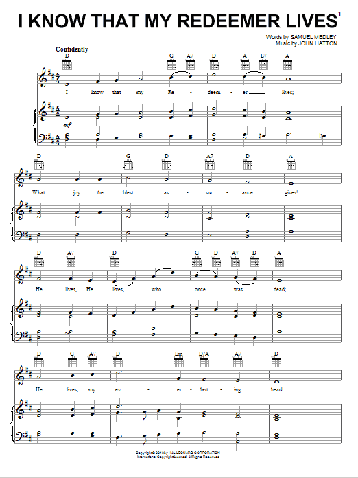 Samuel Medley I Know That My Redeemer Lives sheet music notes and chords arranged for Piano, Vocal & Guitar Chords (Right-Hand Melody)