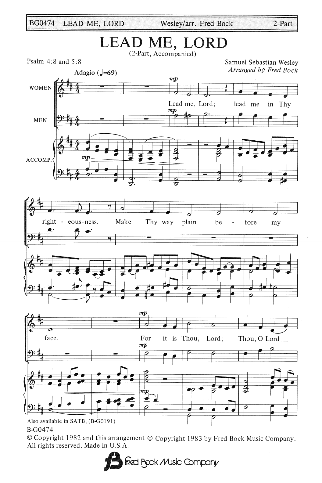Samuel Sebastian Wesley Lead Me, Lord (arr. Fred Bock) sheet music notes and chords arranged for SSAA Choir