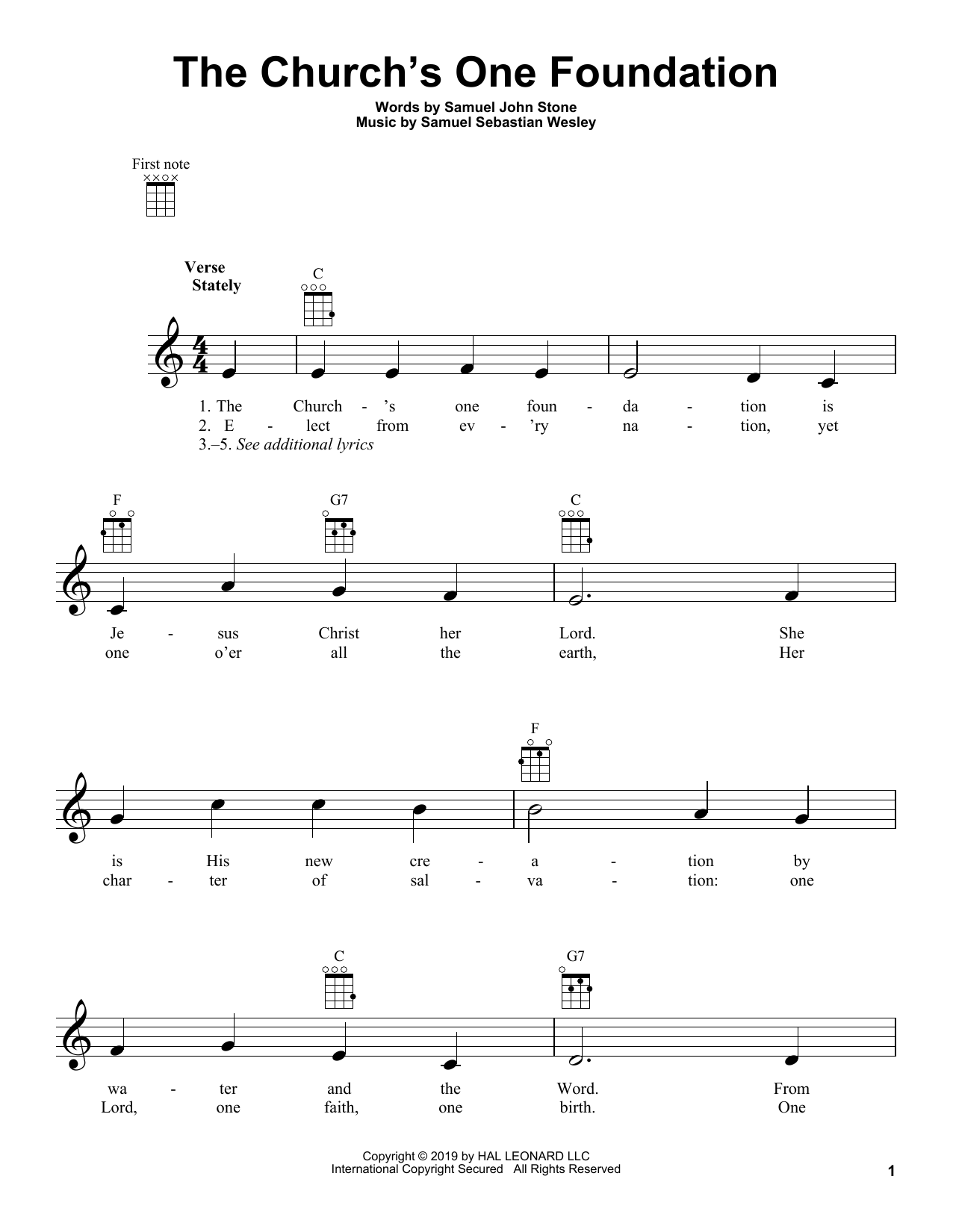 Samuel Sebastian Wesley The Church's One Foundation sheet music notes and chords arranged for Ukulele