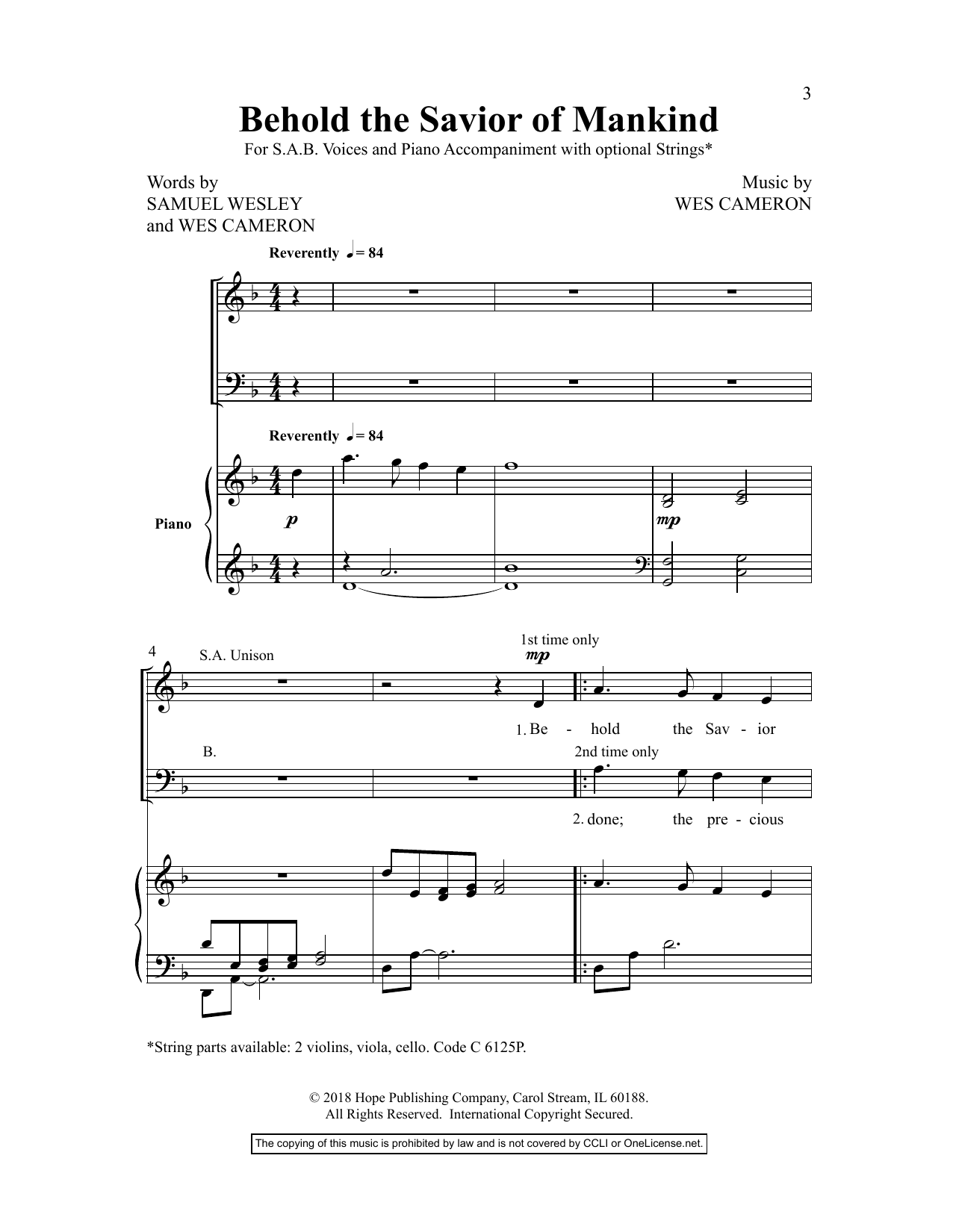 Samuel Wesley Behold the Savior of Mankind sheet music notes and chords arranged for SAB Choir