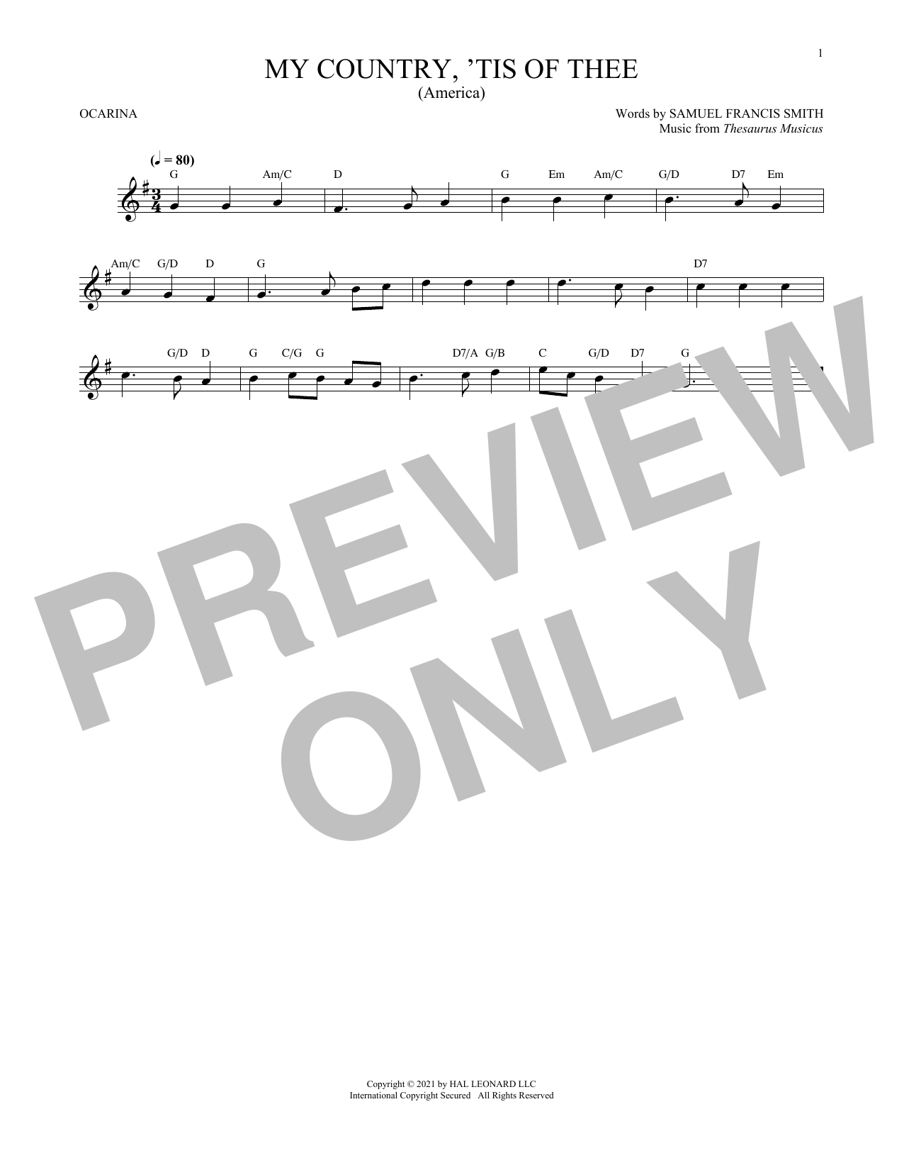 Samuel Francis Smith My Country, 'Tis Of Thee (America) (arr. Cris Gale) sheet music notes and chords arranged for Ocarina