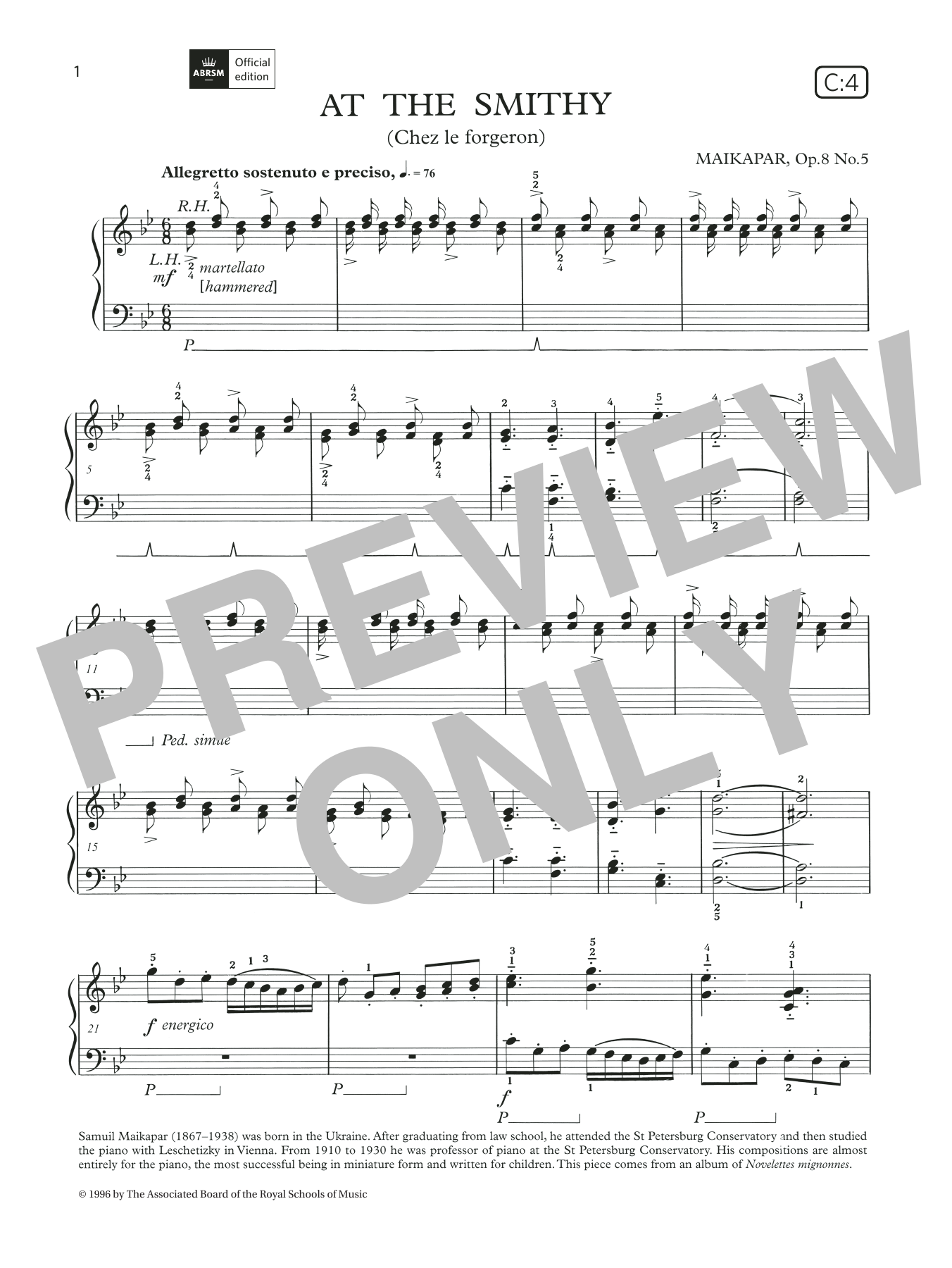 Samuil Maikapar At the Smithy (Grade 4, list C4, from the ABRSM Piano Syllabus 2021 & 2022) sheet music notes and chords arranged for Piano Solo