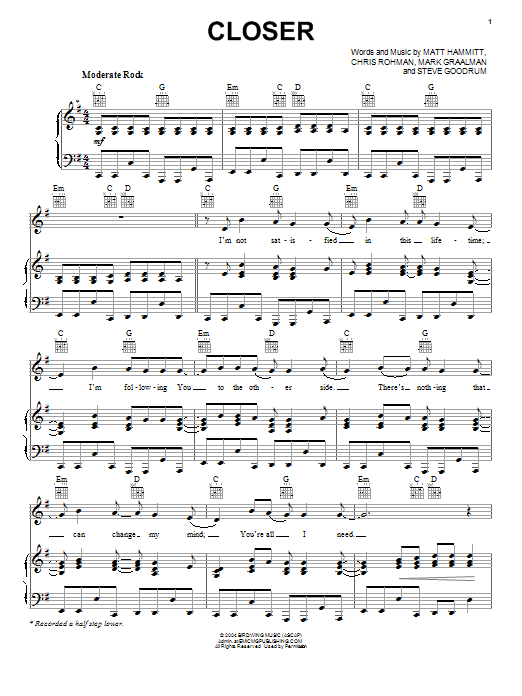 Sanctus Real Closer sheet music notes and chords arranged for Piano, Vocal & Guitar Chords (Right-Hand Melody)
