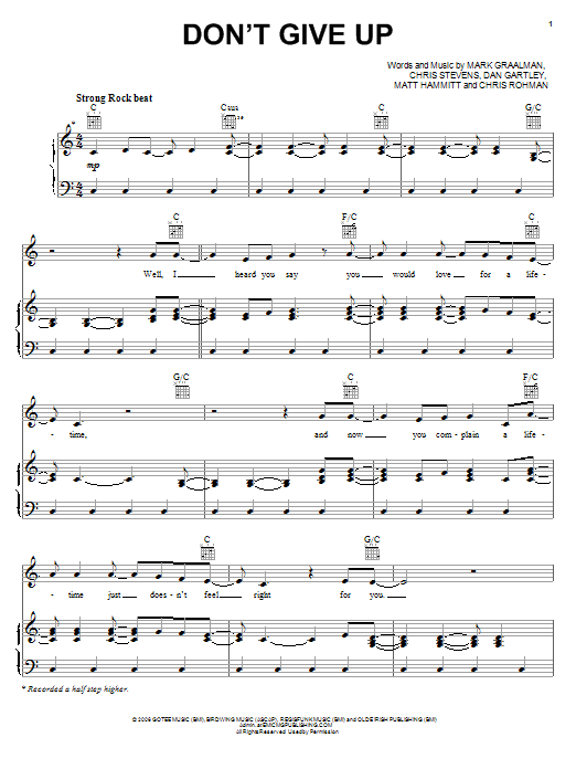 Sanctus Real Don't Give Up sheet music notes and chords arranged for Piano, Vocal & Guitar Chords (Right-Hand Melody)