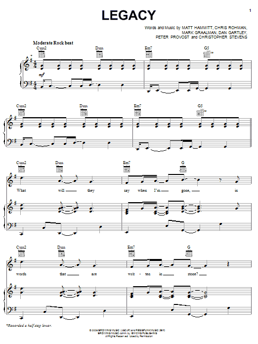 Sanctus Real Legacy sheet music notes and chords arranged for Piano, Vocal & Guitar Chords (Right-Hand Melody)