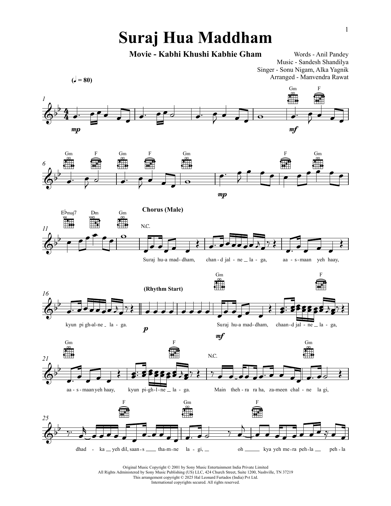 Sandesh Sandilya Suraj Hua Maddham (from Kabhi Khushi Kabhie Gham) sheet music notes and chords arranged for Lead Sheet / Fake Book