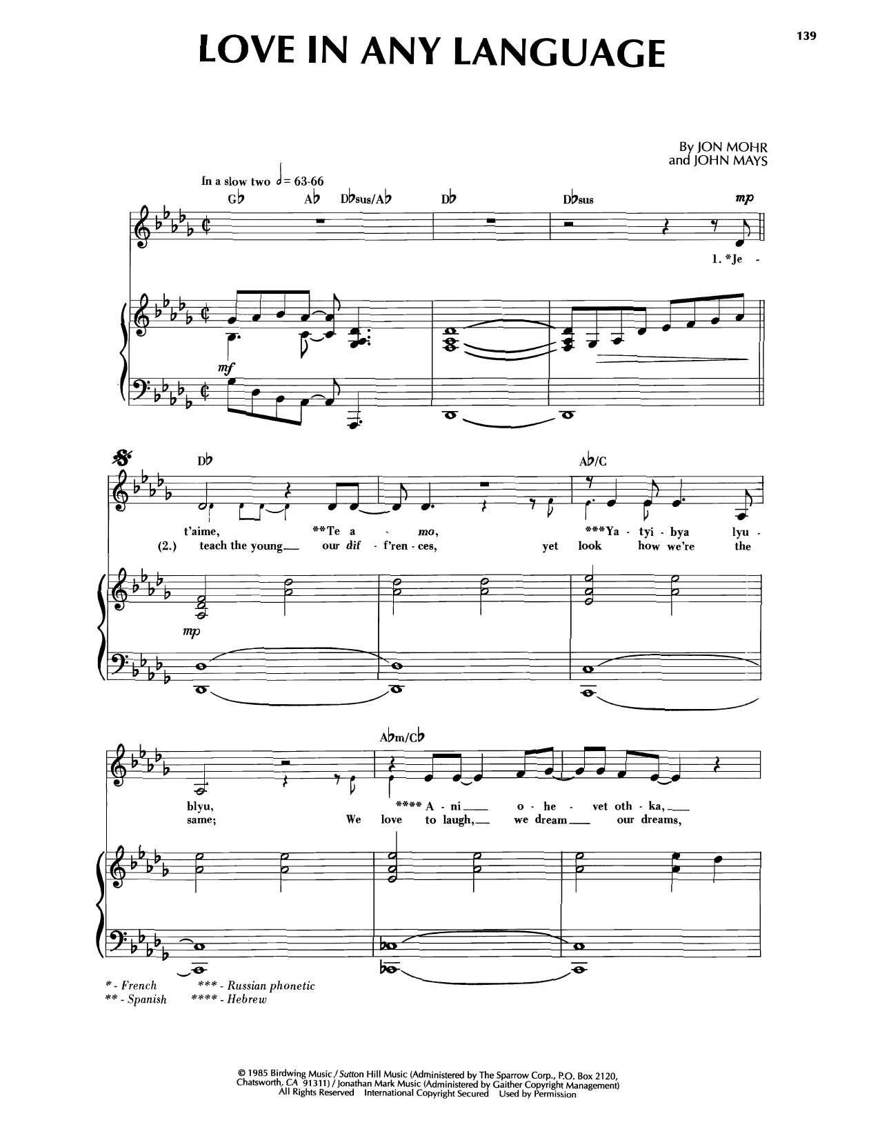 Sandi Patti Love In Any Language sheet music notes and chords arranged for Piano & Vocal