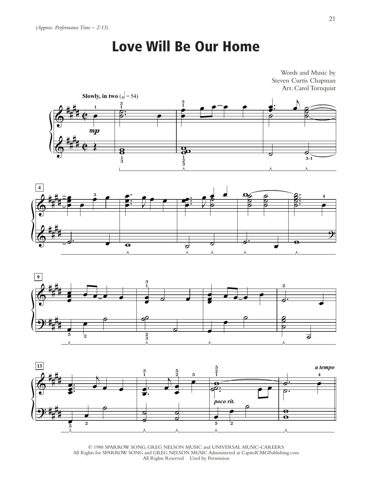 Sandi Patty Love Will Be Our Home (arr. Carol Tornquist) sheet music notes and chords arranged for Piano Solo