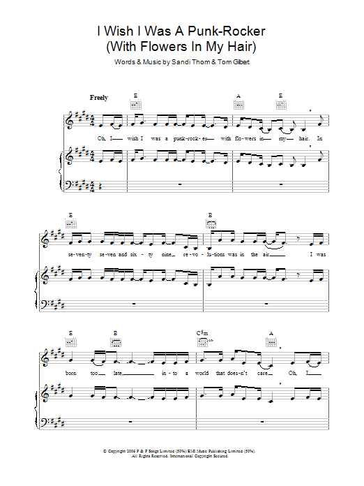 Sandi Thom I Wish I Was A Punk Rocker (With Flowers In My Hair) sheet music notes and chords arranged for Piano, Vocal & Guitar Chords (Right-Hand Melody)
