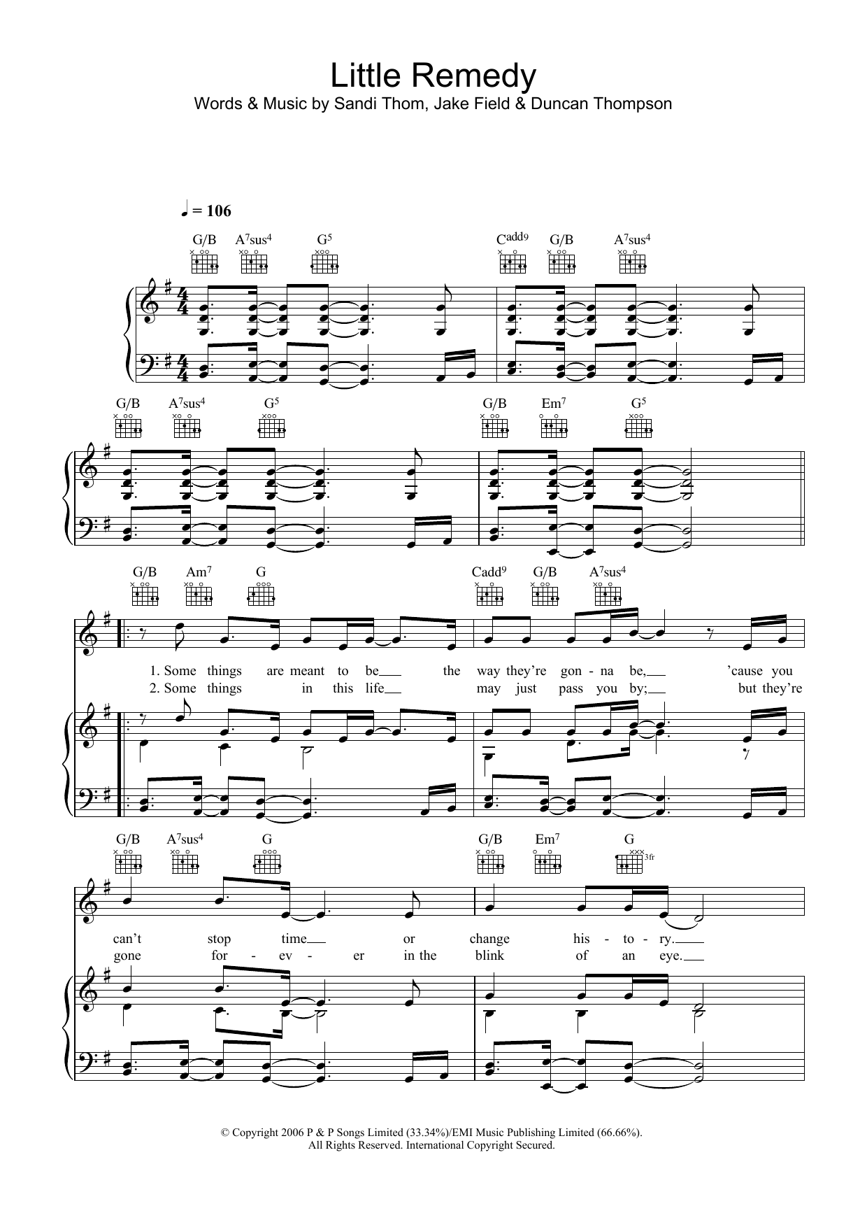 Sandi Thom Little Remedy sheet music notes and chords arranged for Piano, Vocal & Guitar Chords