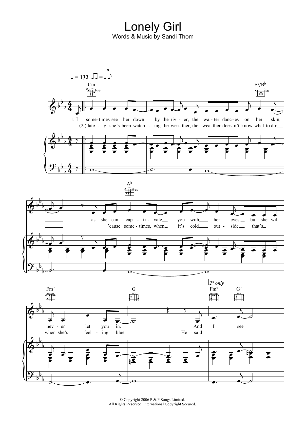Sandi Thom Lonely Girl sheet music notes and chords arranged for Piano, Vocal & Guitar Chords