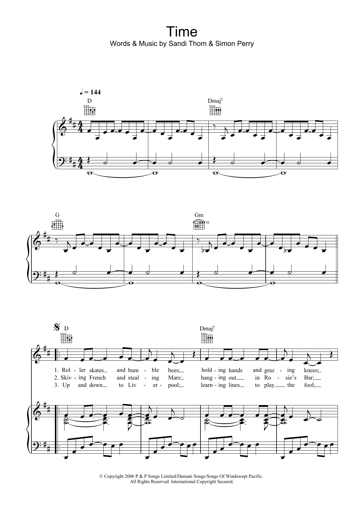 Sandi Thom Time sheet music notes and chords arranged for Piano, Vocal & Guitar Chords