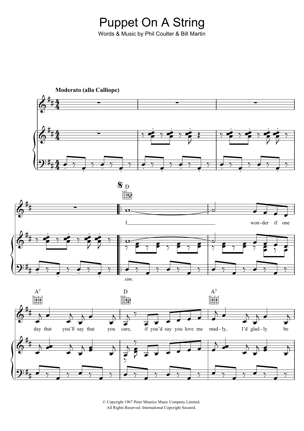 Sandie Shaw Puppet On A String sheet music notes and chords arranged for Piano, Vocal & Guitar Chords