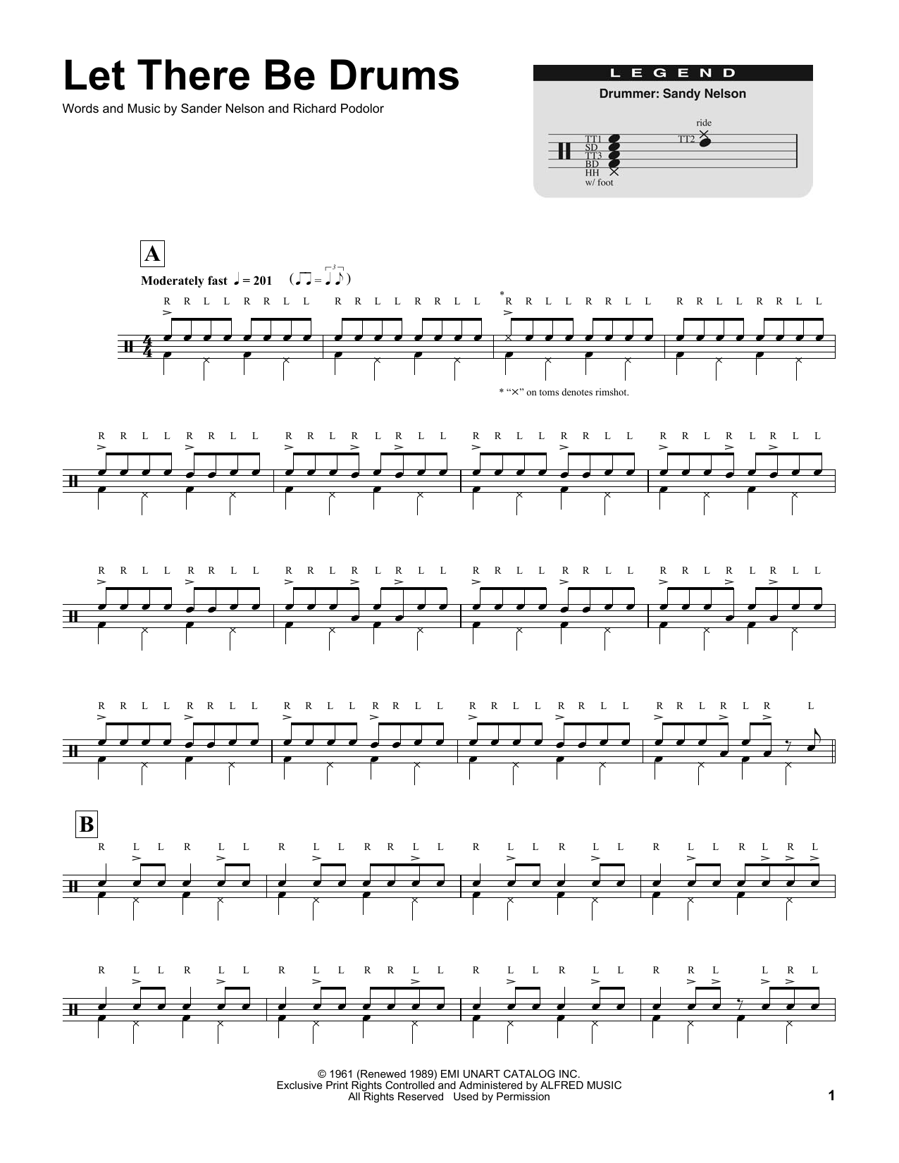 Sandy Nelson Let There Be Drums sheet music notes and chords arranged for Drums Transcription