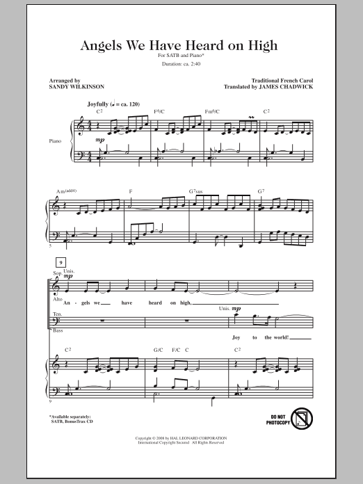 Sandy Wilkinson Angels We Have Heard On High sheet music notes and chords arranged for SATB Choir