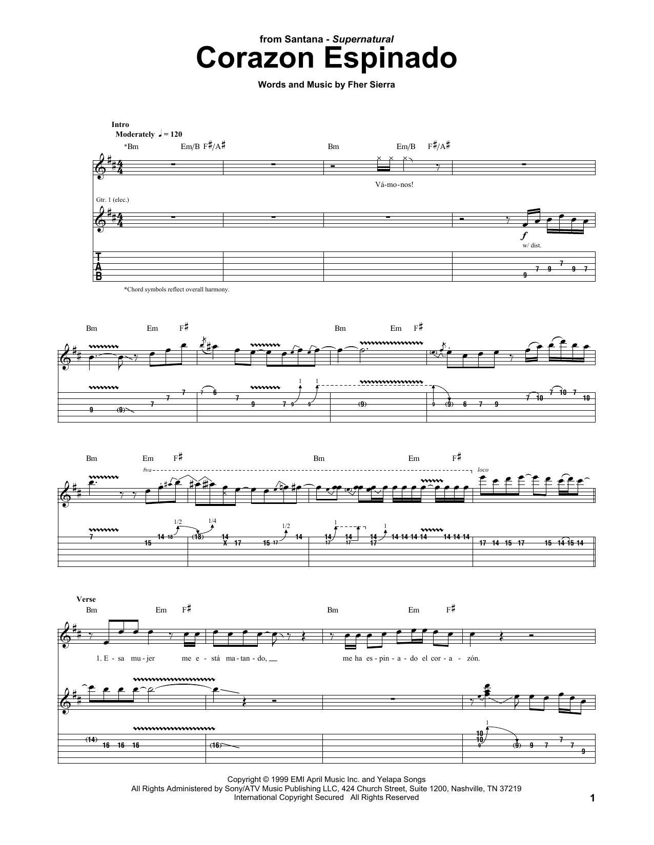 Santana Corazon Espinado sheet music notes and chords arranged for Guitar Tab