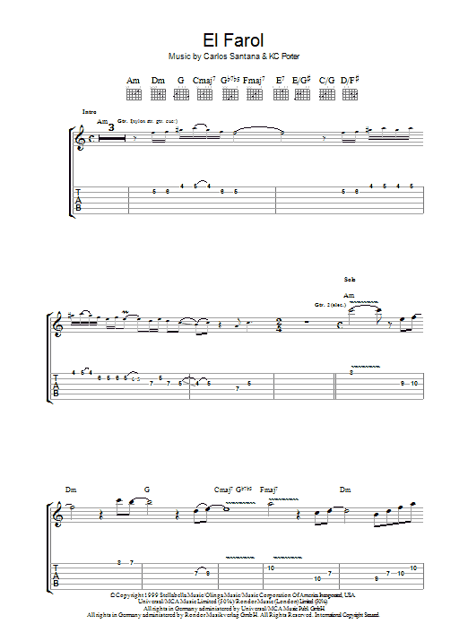 Santana El Farol sheet music notes and chords arranged for Guitar Tab