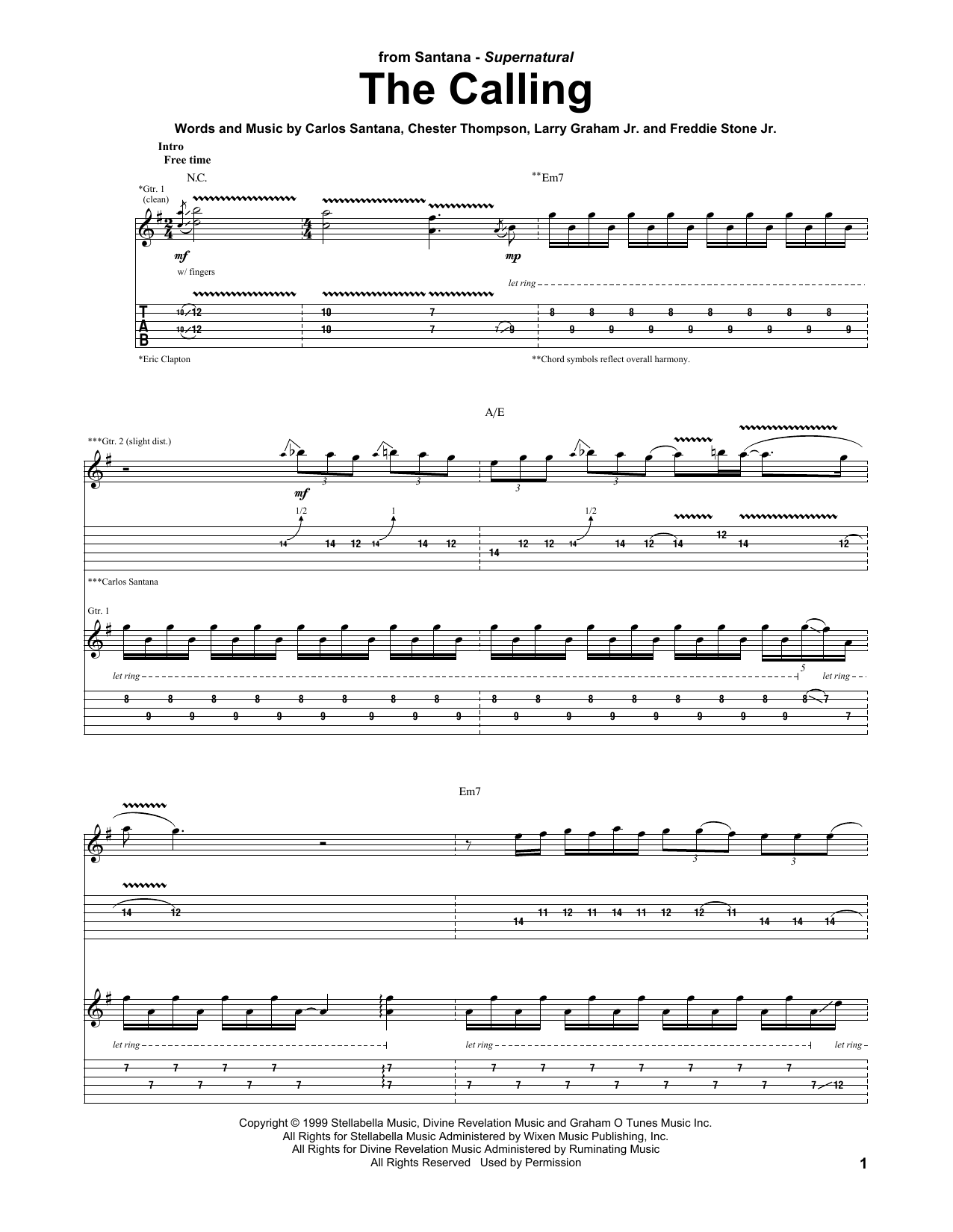 Santana featuring Eric Clapton The Calling sheet music notes and chords arranged for Guitar Tab
