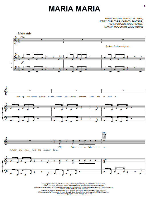 Santana featuring The Product G&B Maria Maria sheet music notes and chords arranged for Piano, Vocal & Guitar Chords (Right-Hand Melody)