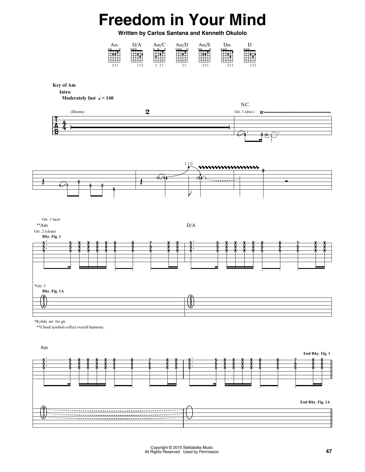 Santana Freedom In Your Mind sheet music notes and chords arranged for Guitar Rhythm Tab