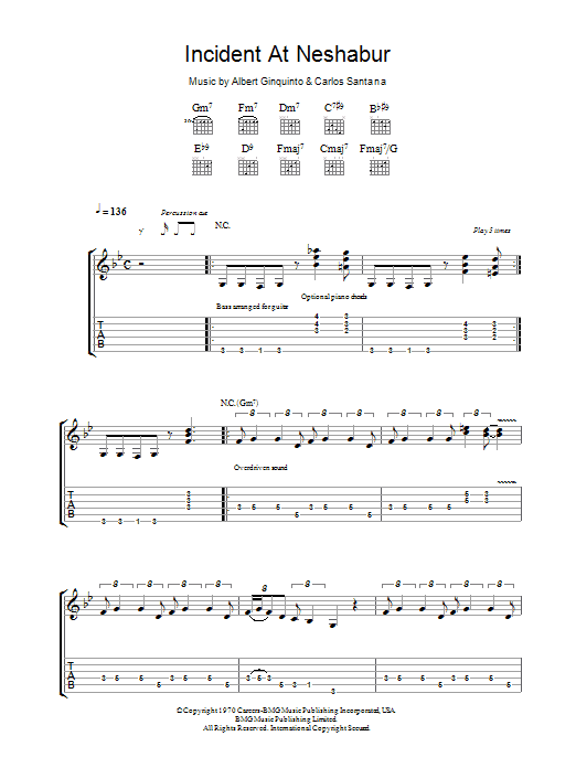 Santana Incident At Neshabur sheet music notes and chords arranged for Guitar Tab