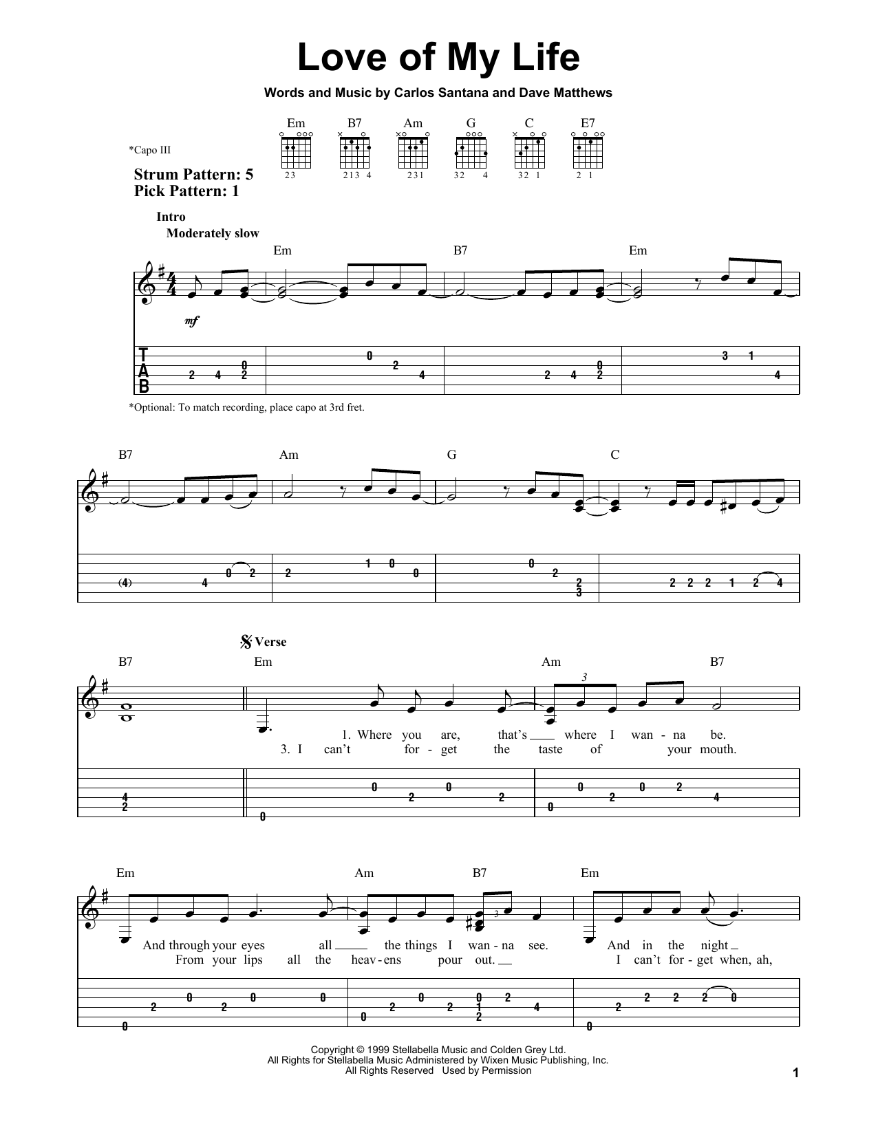 Santana Love Of My Life (feat. Dave Matthews) sheet music notes and chords arranged for Guitar Tab