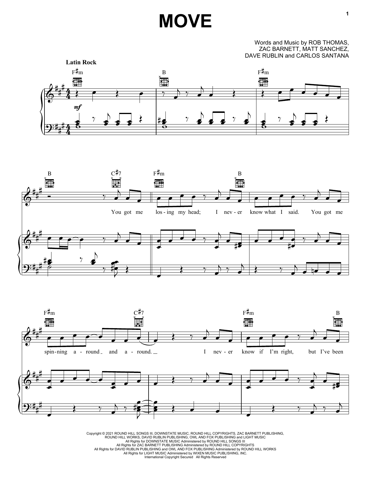Santana, Rob Thomas & American Authors Move sheet music notes and chords arranged for Piano, Vocal & Guitar Chords (Right-Hand Melody)