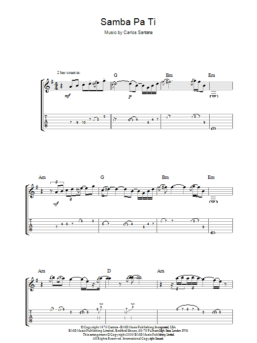 Santana Samba Pa Ti sheet music notes and chords arranged for Easy Guitar Tab