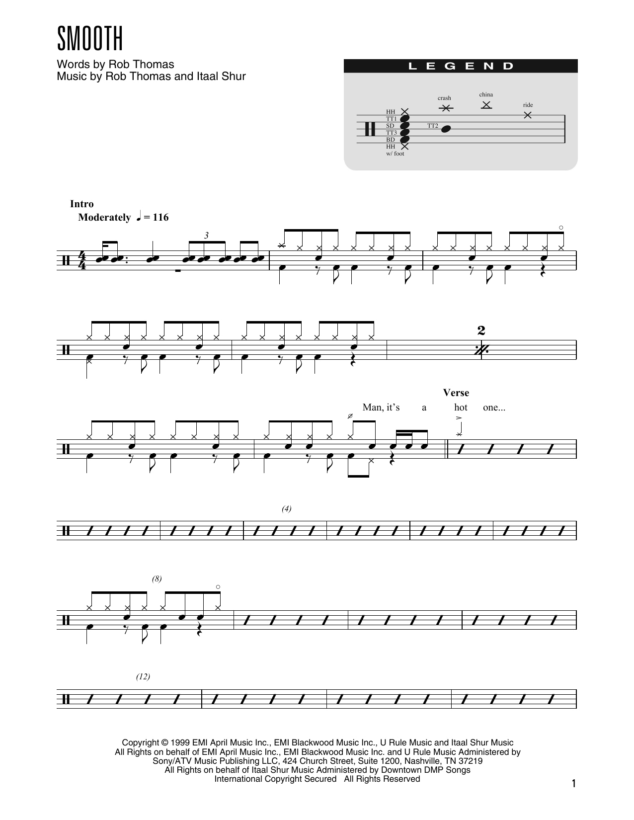 Santana Smooth (feat. Rob Thomas) (arr. Kennan Wylie) sheet music notes and chords arranged for Drum Chart
