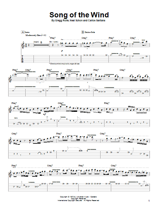 Santana Song Of The Wind sheet music notes and chords arranged for Guitar Tab