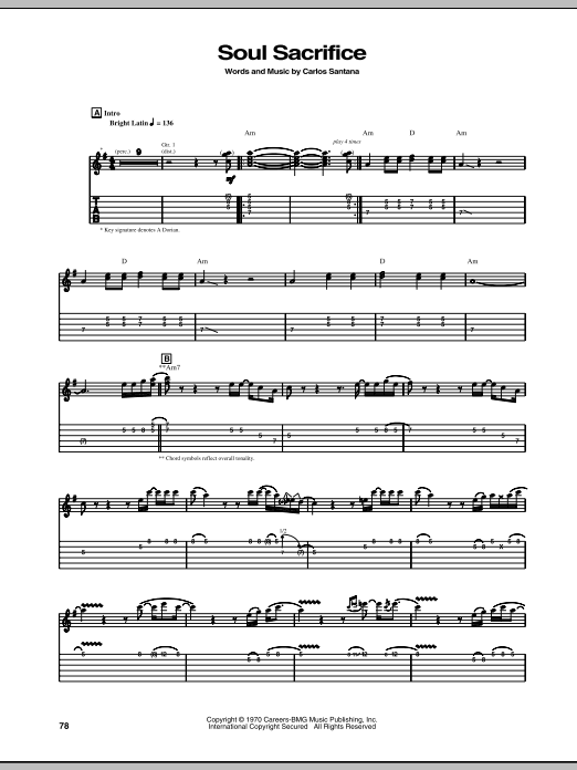 Santana Soul Sacrifice sheet music notes and chords arranged for Keyboard Transcription