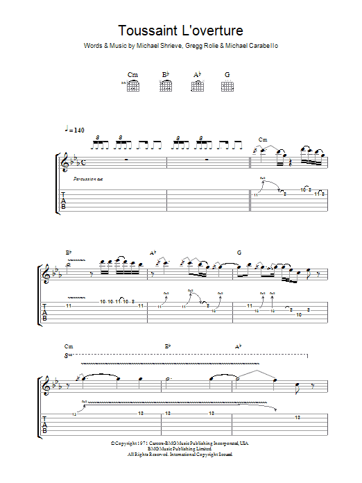 Santana Toussaint L'Overture sheet music notes and chords arranged for Guitar Tab