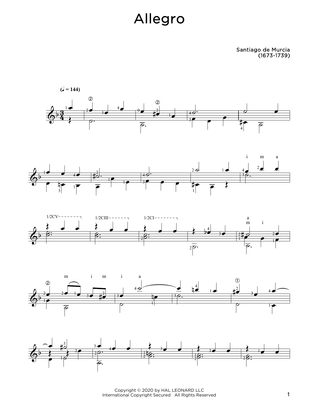 Santiago de Murcia Allegro sheet music notes and chords arranged for Solo Guitar