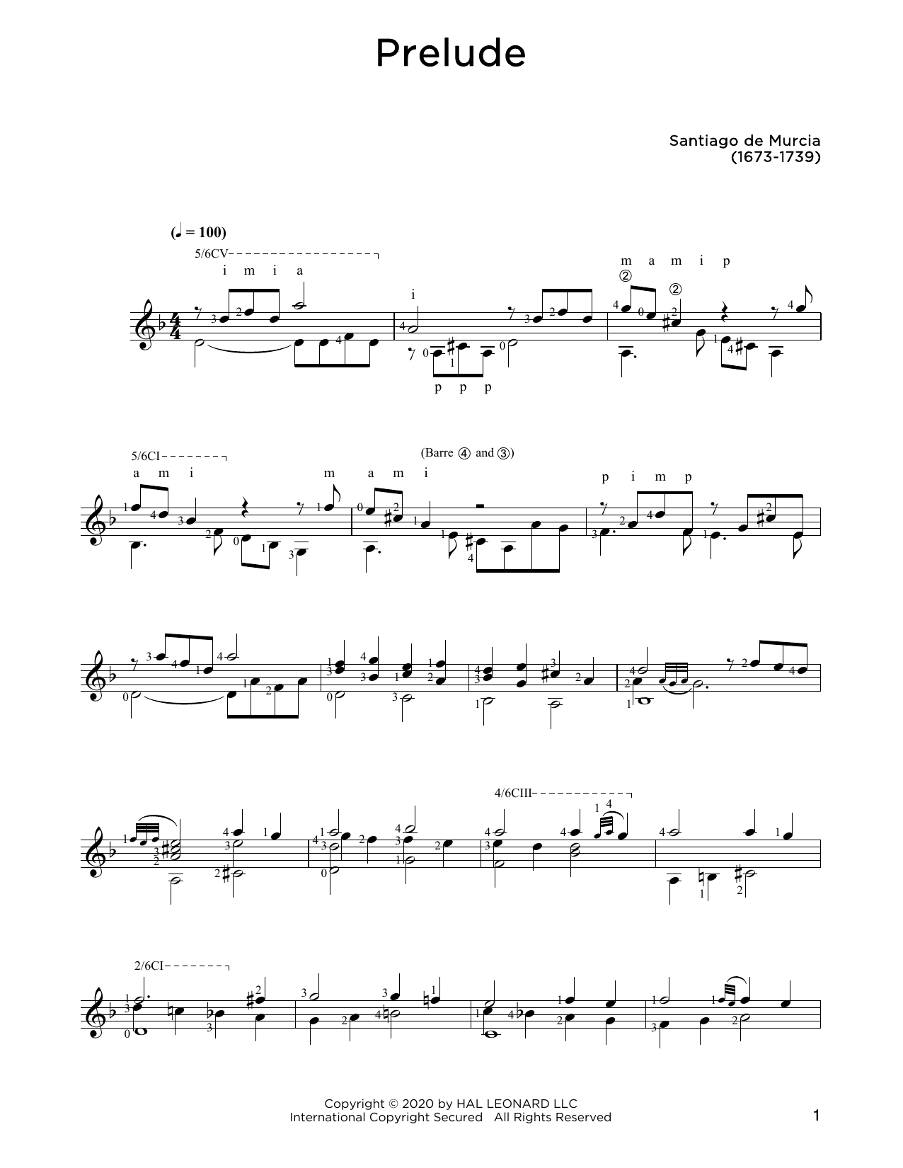 Santiago de Murcia Prelude sheet music notes and chords arranged for Solo Guitar