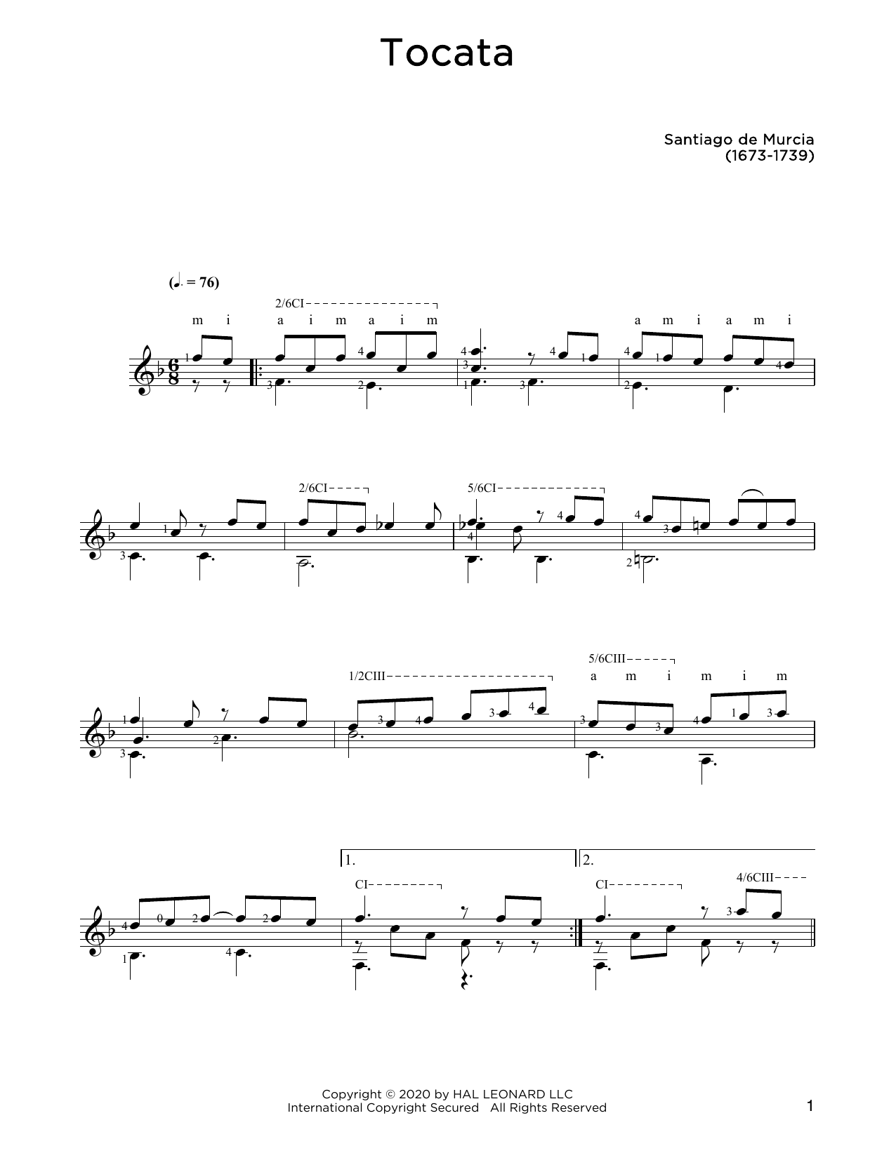 Santiago de Murcia Tocata sheet music notes and chords arranged for Solo Guitar