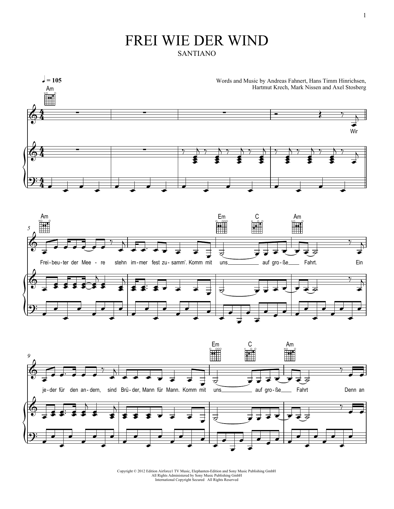 Santiano Frei wie der Wind sheet music notes and chords arranged for Piano, Vocal & Guitar Chords (Right-Hand Melody)